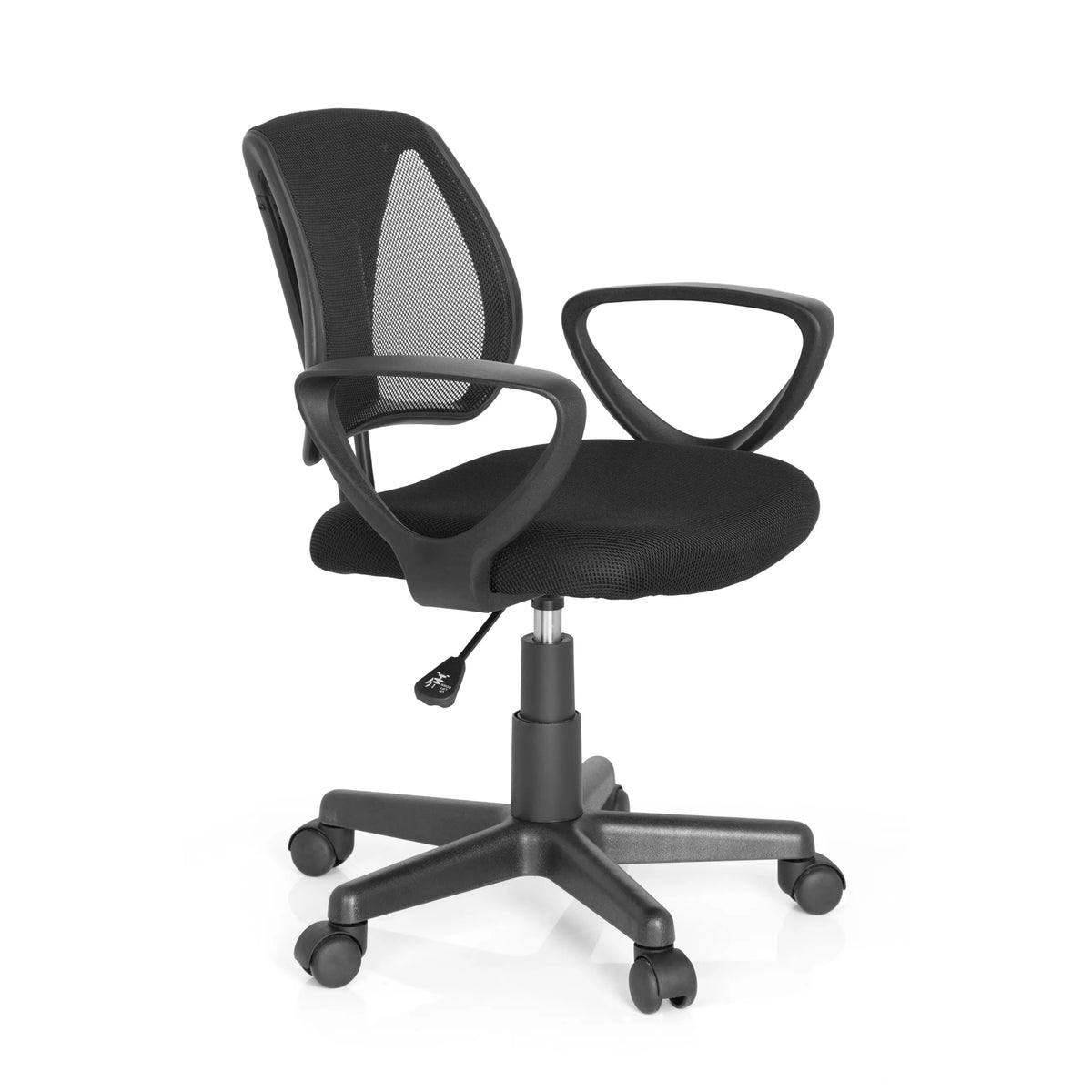 Sedia girevole per bambini KIDDY CD nera con schienale in rete e base a cinque ruote di hjh OFFICE – vista a 360° (vista frontale a tre quarti 60°)