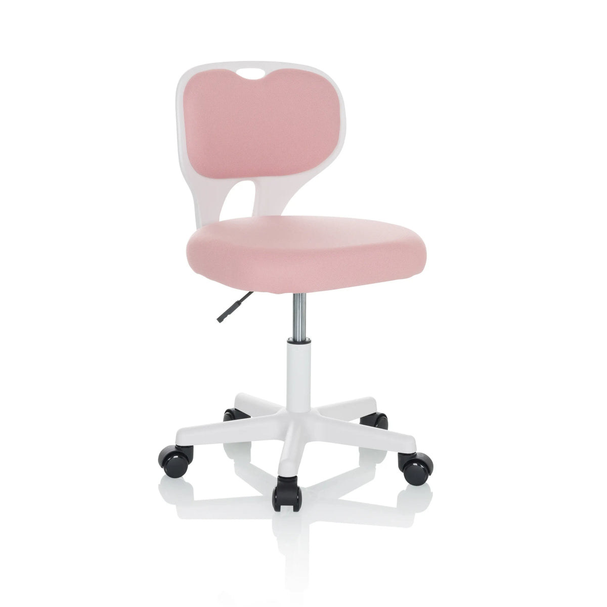 Rosa Kinderdrehstuhl KIDDY TOP W mit weißem Gestell und Fußkreuz mit fünf Rollen von hjh OFFICE – 360-Grad-Ansicht (schräge Frontansicht 30°)