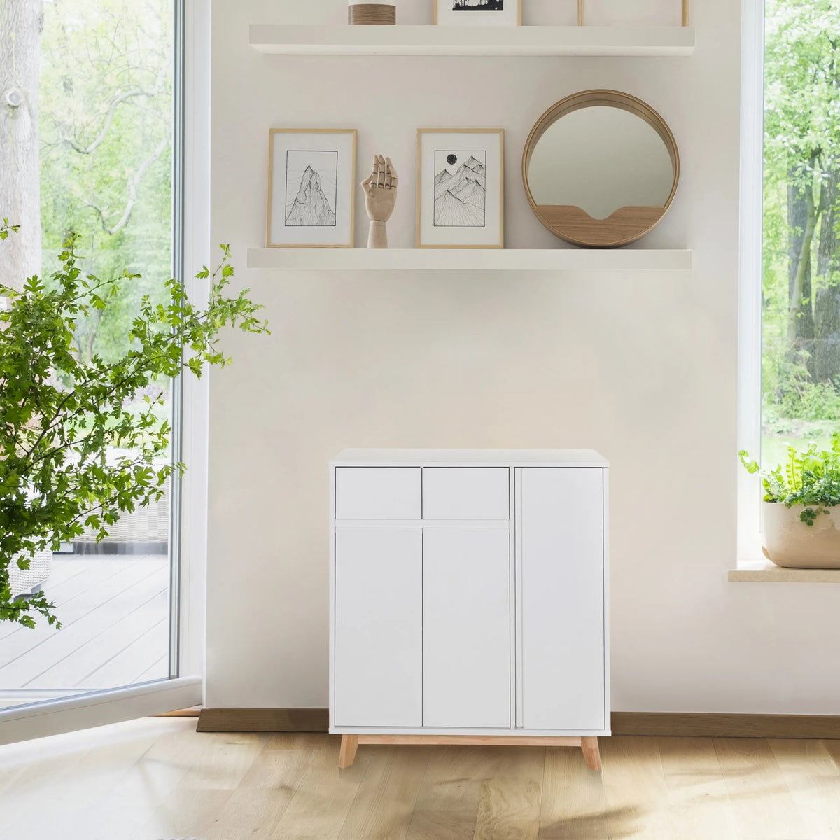 Cassettiera bianca ESTHA con due cassetti e due ante su piedi in legno chiaro di hjh LIVING