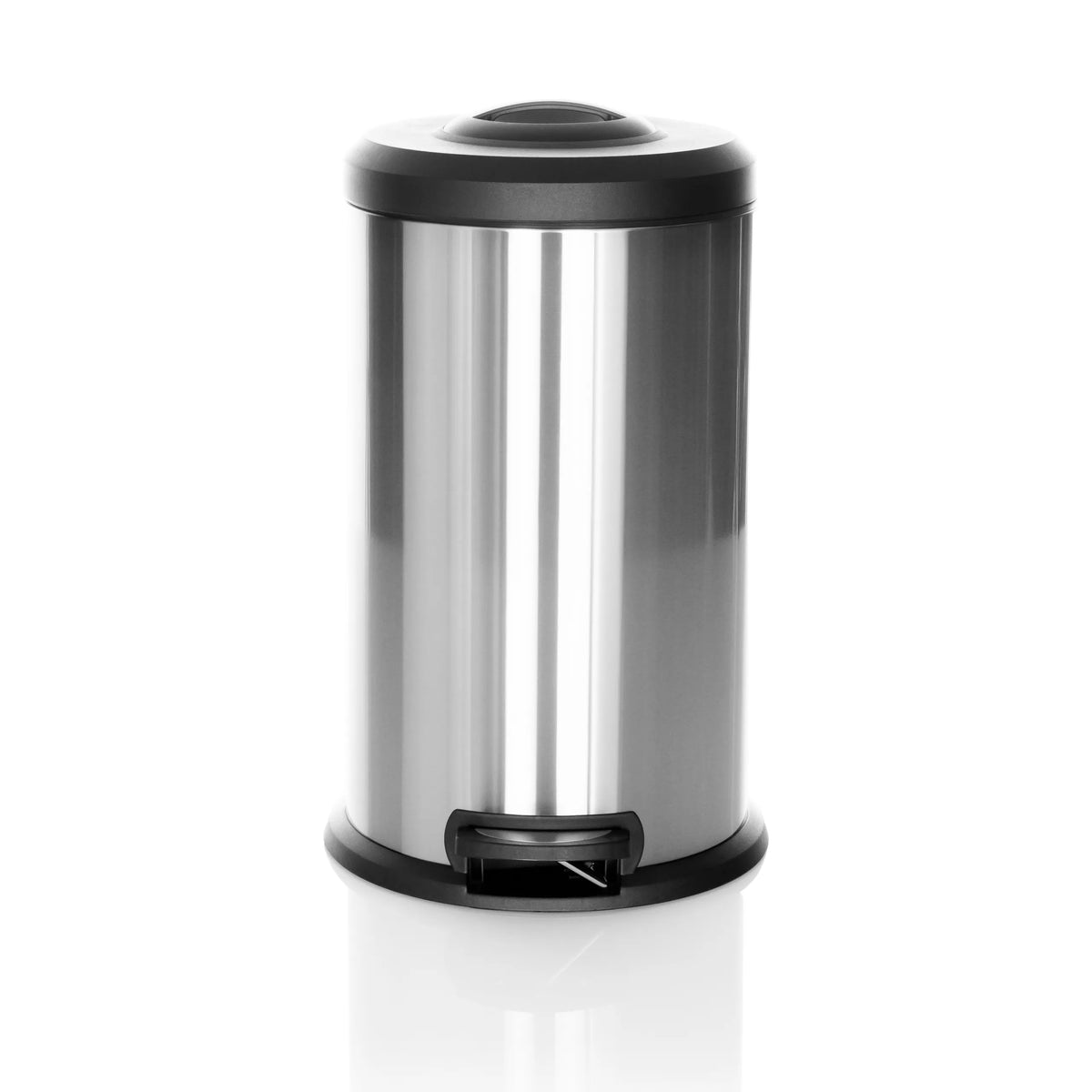 Silberner Mülleimer CLEAN X mit schwarzem Deckel und Fußpedal von hjh OFFICE – 360-Grad-Ansicht (Frontansicht 0°)