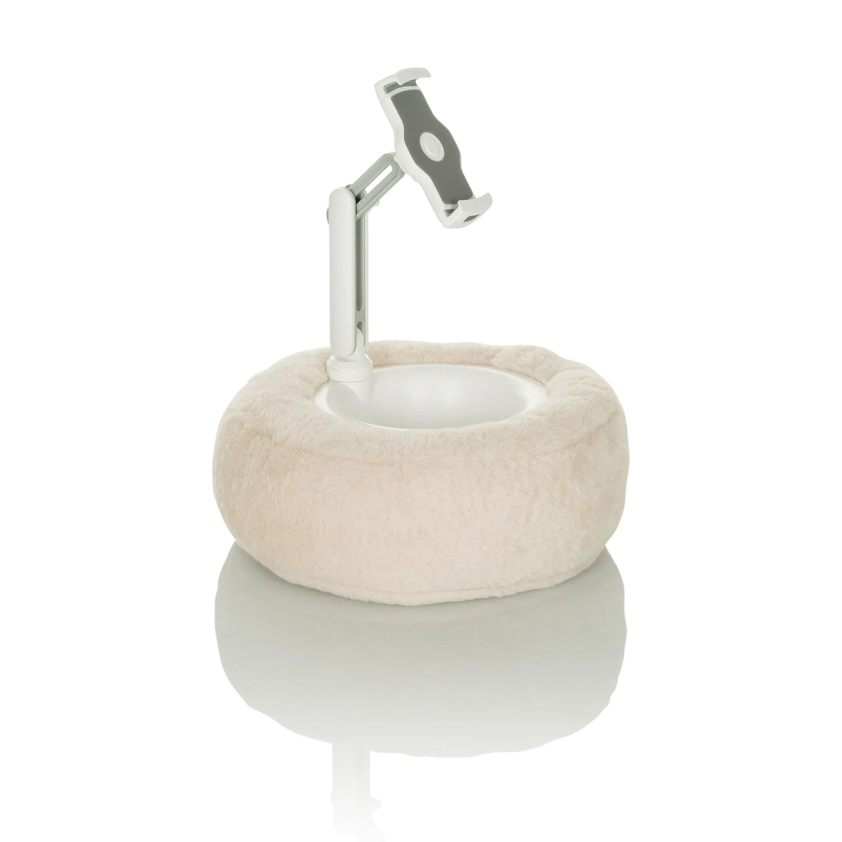 Supporto per cellulare e tablet COMFILAP II beige con cuscinetto ad anello in peluche di hjh OFFICE – vista a 360° (vista posteriore a tre quarti 144°)