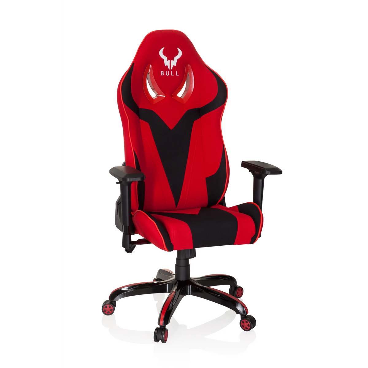 Sedia da gaming PROMOTER II rossa e nera con braccioli e base a cinque ruote di hjh OFFICE – vista a 360° (vista frontale 20°)