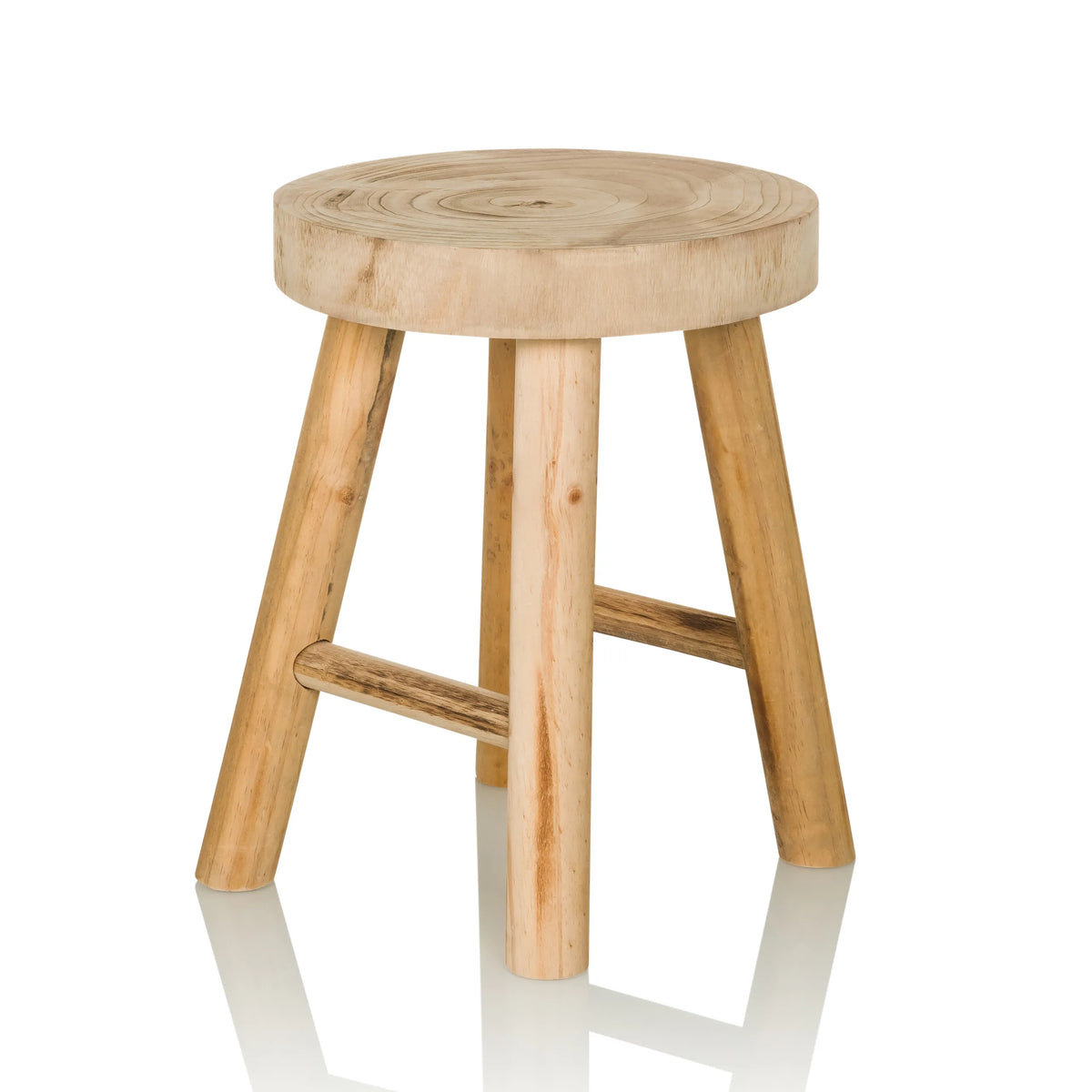 Sgabello RUSTIKO W marrone in legno con seduta rotonda e traverse di hjh LIVING – vista a 360° (vista frontale a tre quarti 45°)