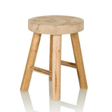 Sgabello RUSTIKO W marrone in legno con seduta rotonda e traverse di hjh LIVING – vista a 360° (vista frontale a tre quarti 45°)