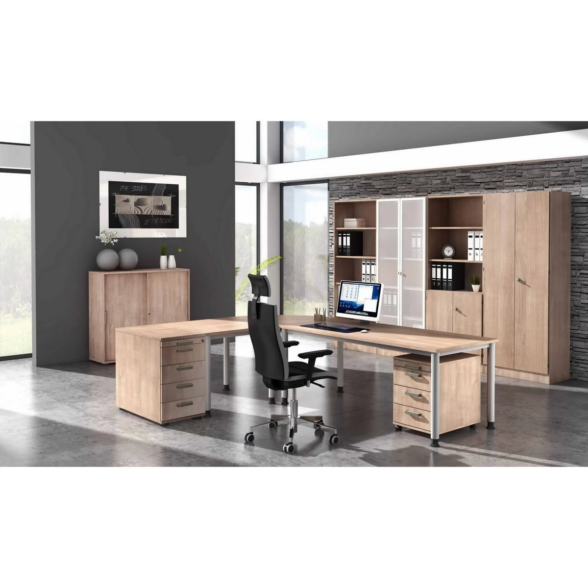 Scrivania a L HILO 12 S in rovere rustico con due cassettiere su ruote e una sedia da ufficio di hjh OFFICE PRO
