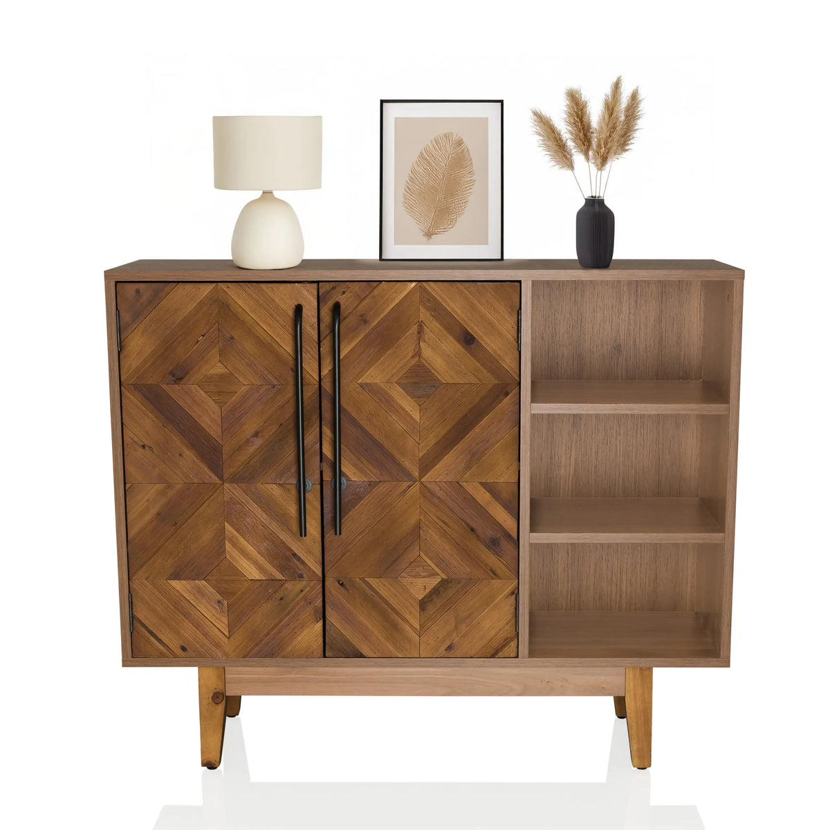 Cassettiera SANTJAGO WOOD L in aspetto legno scuro con due ante, maniglie nere e ripiano aperto di hjh LIVING