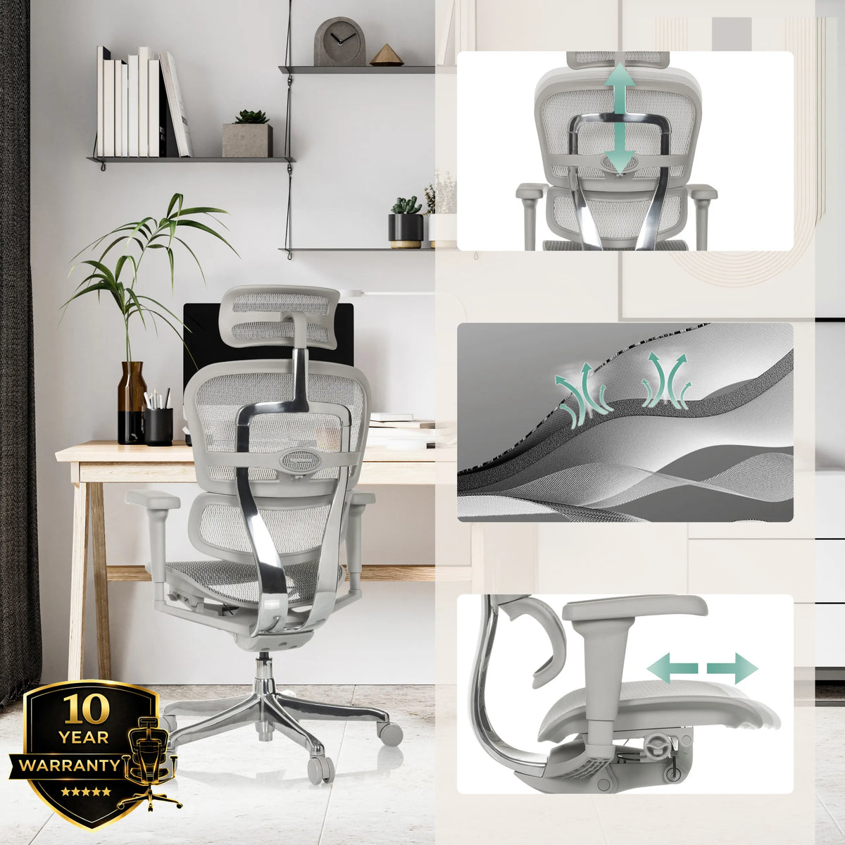 Poltrona di lusso ERGOHUMAN ULTRA G GEN2 in grigio con poggiatesta e braccioli regolabili di hjh OFFICE