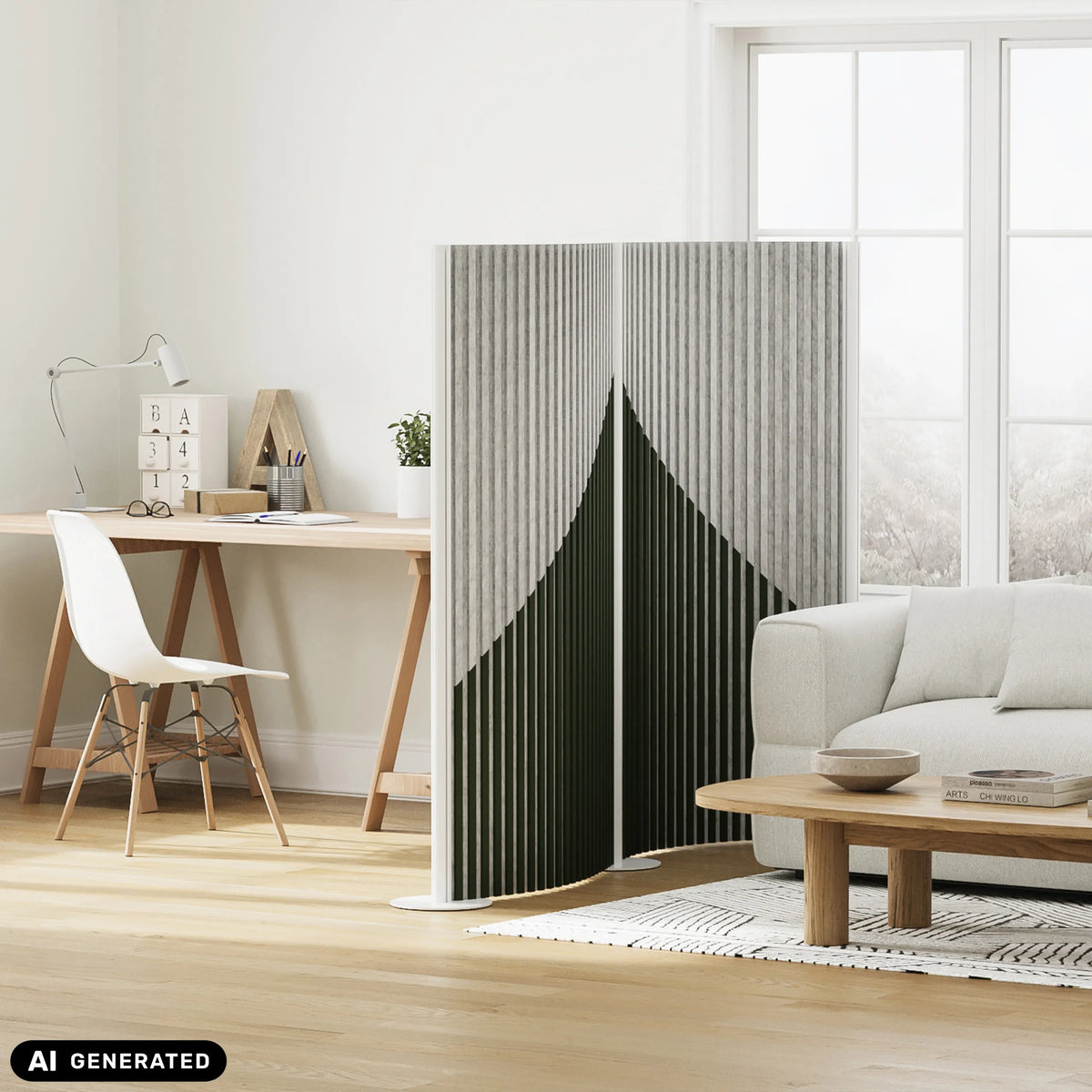 Parete divisoria Flexmiut Wave grigia con struttura a lamelle verticali e motivo verde di hjh OFFICE (immagine generata dall’IA)