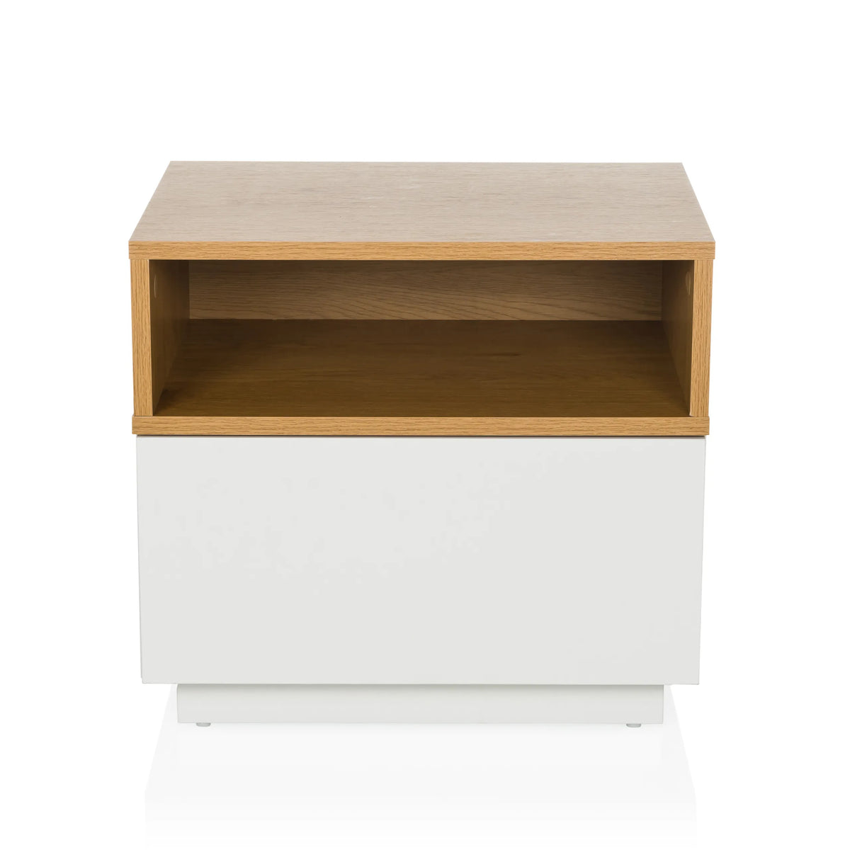 Tavolino MELMO bianco con un ripiano effetto rovere di hjh LIVING – vista a 360° (vista frontale 0°)