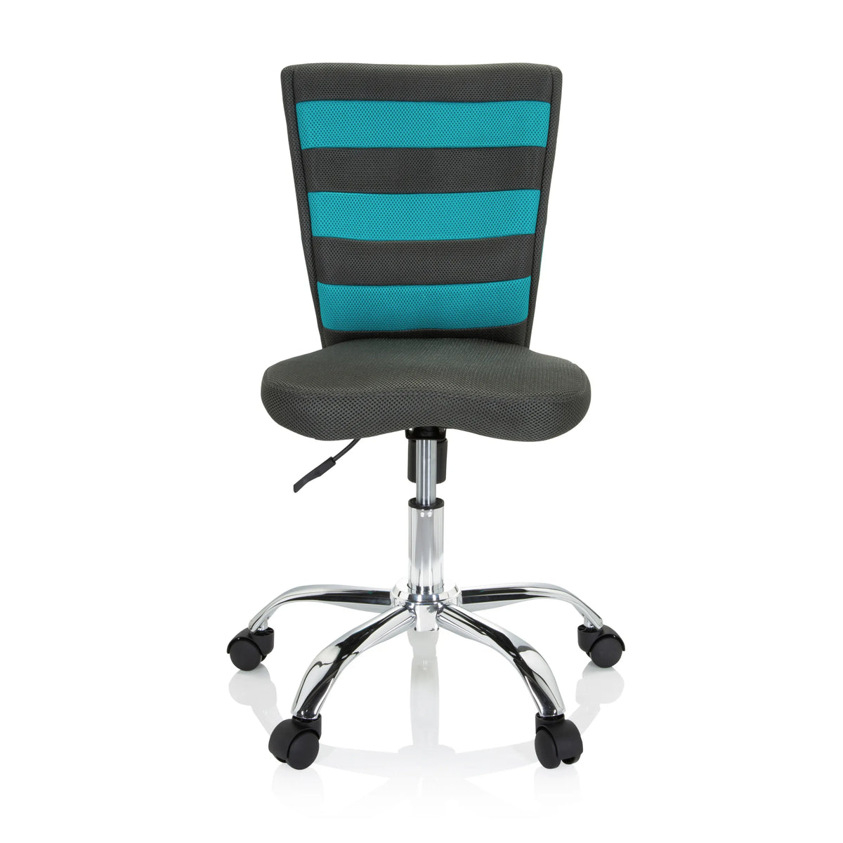 Sedia girevole per bambini KIDDY COMFORT I grigia con strisce turchesi nello schienale in rete e base a cinque ruote di hjh OFFICE – vista a 360° (vista frontale 0°)