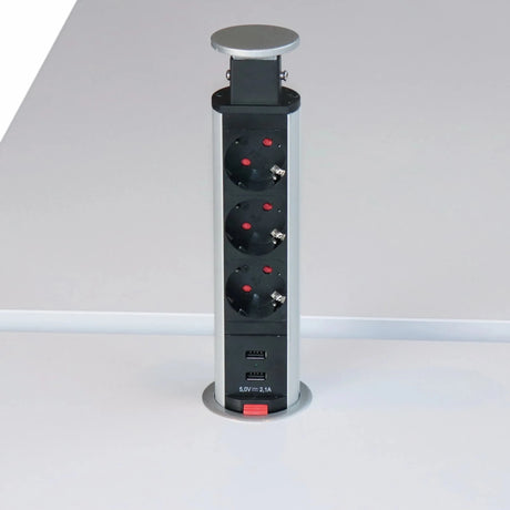 Torre prese argentata ELDO600 in alluminio con tre prese e due porte USB di hjh OFFICE PRO