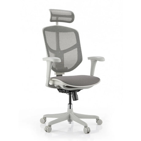 Sedia da ufficio Enjoy Eco FG in grigio con rivestimento in rete, poggiatesta e braccioli di hjh OFFICE