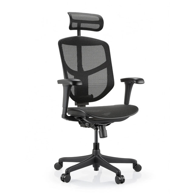 Sedia da ufficio Enjoy Eco MB nera con rivestimento in rete, poggiatesta e braccioli regolabili di hjh OFFICE