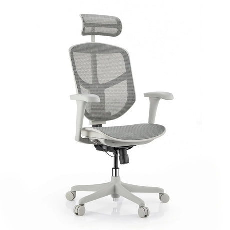 Sedia da ufficio Enjoy Eco MB in grigio con rivestimento in rete, poggiatesta e cinque ruote di hjh OFFICE