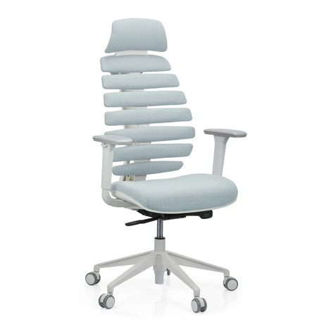 Sedia da ufficio professionale ERGO LINE W con rivestimento in tessuto grigio, schienale segmentato e struttura bianca di hjh OFFICE