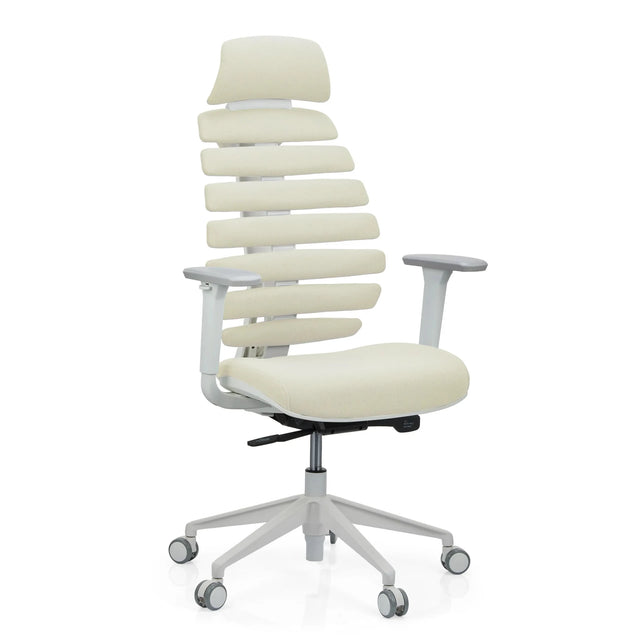 Sedia da ufficio professionale ERGO LINE W in Salted Caramel con rivestimento in tessuto beige e struttura bianca di hjh OFFICE