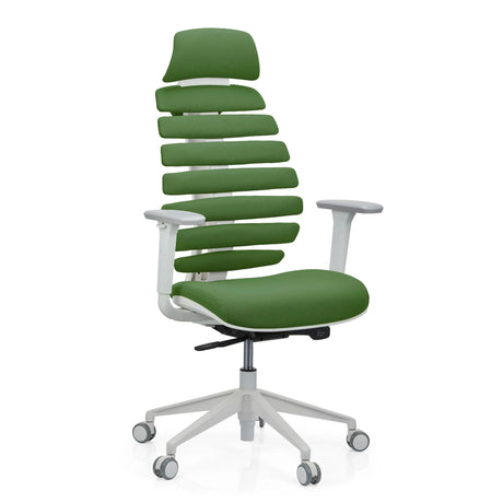 Sedia da ufficio professionale ERGO LINE W con rivestimento in tessuto verde e struttura bianca di hjh OFFICE