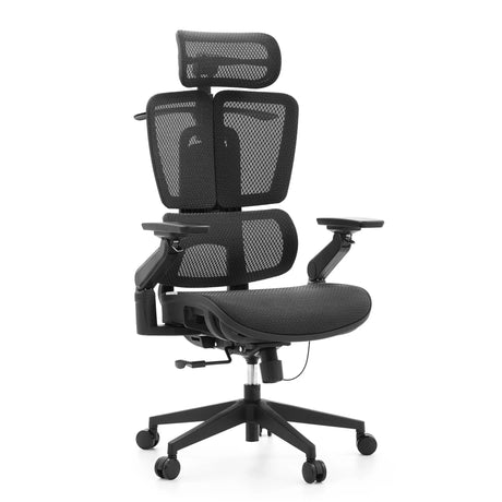 Sedia da ufficio professionale Ergo U2 Pro3 con rivestimento in rete di nylon nera, poggiatesta e braccioli regolabili di hjh OFFICE
