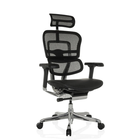 Poltrona di lusso ERGOHUMAN GEN2 con rivestimento in rete nera, seduta in pelle e base cromata di hjh OFFICE