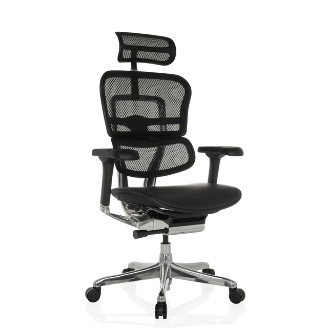 Poltrona di lusso ERGOHUMAN GEN2 con rivestimento in rete nera, seduta in pelle e base cromata di hjh OFFICE