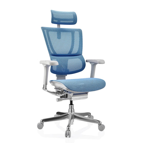 Poltrona di lusso ERGOHUMAN SLIM G GEN2 con rivestimento in rete blu, poggiatesta e base argentata di hjh OFFICE