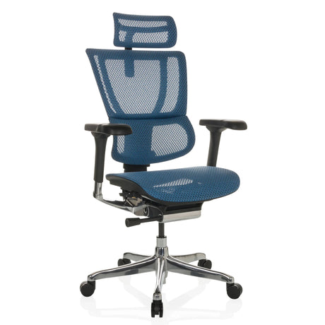 Poltrona di lusso ERGOHUMAN SLIM GEN2 con rivestimento in rete blu, poggiatesta e base cromata di hjh OFFICE