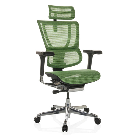 Poltrona di lusso ERGOHUMAN SLIM GEN2 con rivestimento in rete verde, poggiatesta e base cromata di hjh OFFICE