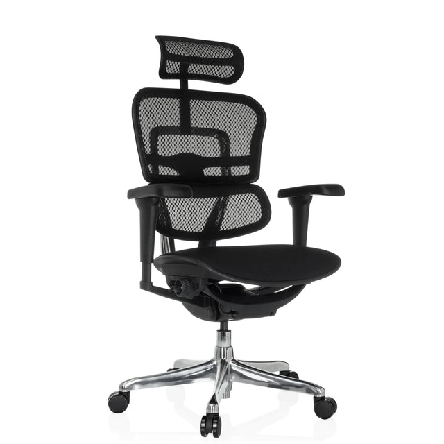 Poltrona di lusso ERGOHUMAN ULTRA F GEN2 con rivestimento in rete nera, poggiatesta e base lucida di hjh OFFICE