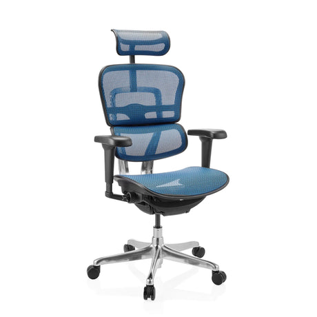 Poltrona di lusso ERGOHUMAN ULTRA GEN2 con rivestimento in rete blu, poggiatesta e base argentata di hjh OFFICE