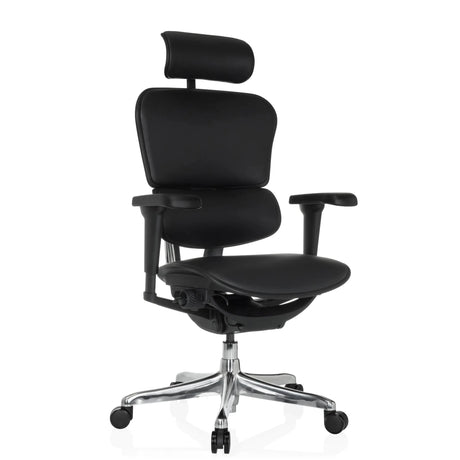 Poltrona di lusso ERGOHUMAN ULTRA L GEN2 con rivestimento in pelle nera, poggiatesta e base lucidata di hjh OFFICE
