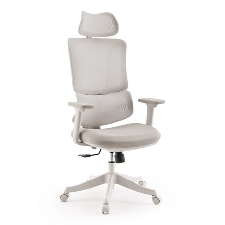 Sedia Home Office Ergomy Colore in beige con rivestimento in rete e poggiatesta di MyBuero