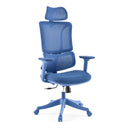 Sedia Home Office Ergomy Colore blu con rivestimento in rete 3D, poggiatesta e braccioli di MyBuero