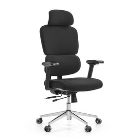 Sedia da ufficio professionale Ergomy F 2 con rivestimento in tessuto nero e base cromata di hjh OFFICE