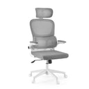 Sedia Home Office ERGOMY FLEX grigia con schienale in rete, poggiatesta e struttura bianca di MyBuero