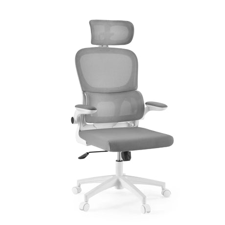Sedia Home Office ERGOMY FLEX grigia con schienale in rete, poggiatesta e struttura bianca di MyBuero
