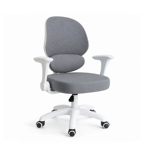 Sedia girevole per bambini Ergomy Kid in grigio con struttura bianca, braccioli e cinque ruote di hjh OFFICE