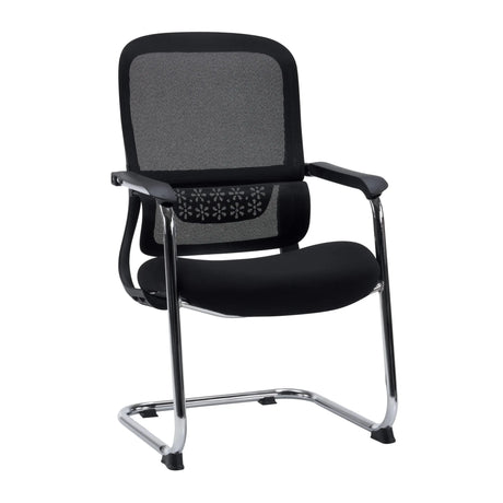 Sedia a sbalzo Ergomy Meet nera con schienale in rete e struttura a slitta cromata di hjh OFFICE