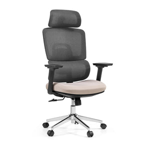 Sedia da ufficio professionale Ergomy Pro con rivestimento in rete grigio scuro, seduta in tessuto beige e poggiatesta di hjh OFFICE