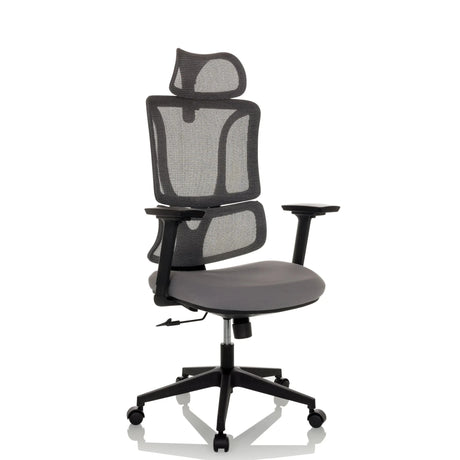 Sedia Home Office ERGOMY con rivestimento in rete grigia, telaio nero e poggiatesta di MyBuero