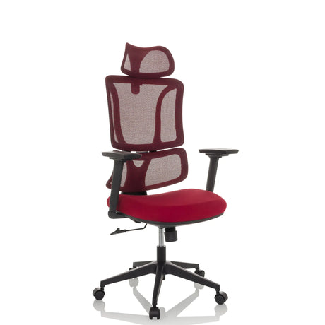 Sedia Home Office ERGOMY con seduta in tessuto rosso e schienale in rete di MyBuero