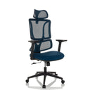 Sedia Home Office ERGOMY con rivestimento in rete blu e struttura nera di MyBuero