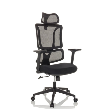 Sedia Home Office ERGOMY nera con rivestimento in rete e poggiatesta di MyBuero