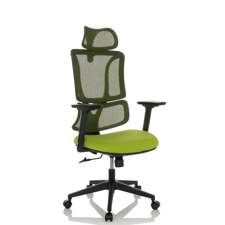 Sedia Home Office ERGOMY con seduta in tessuto verde, schienale in rete e struttura nera di MyBuero