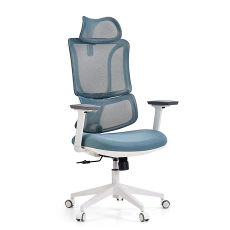 Sedia da ufficio professionale ERGOMY W con rivestimento in rete blu, struttura bianca e poggiatesta di MyBuero