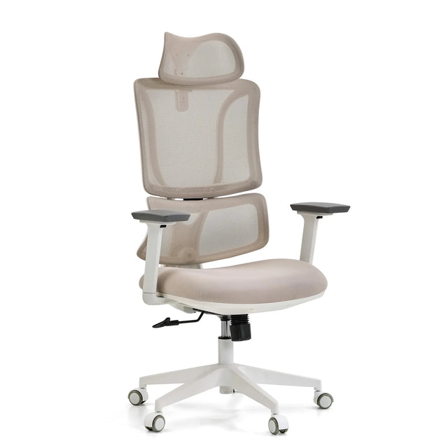 Sedia da ufficio professionale ERGOMY W in beige con rivestimento in rete beige e struttura bianca di MyBuero
