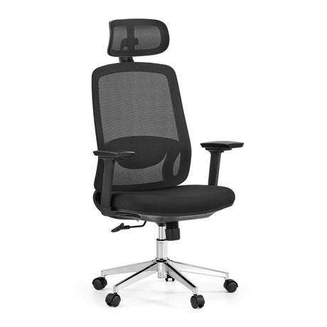 Sedia da ufficio professionale Ergosento in nero con schienale in rete, poggiatesta e base lucida di hjh OFFICE