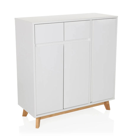 Cassettiera bianca ESTHA con due cassetti, tre ante e piedi in legno chiaro di hjh LIVING