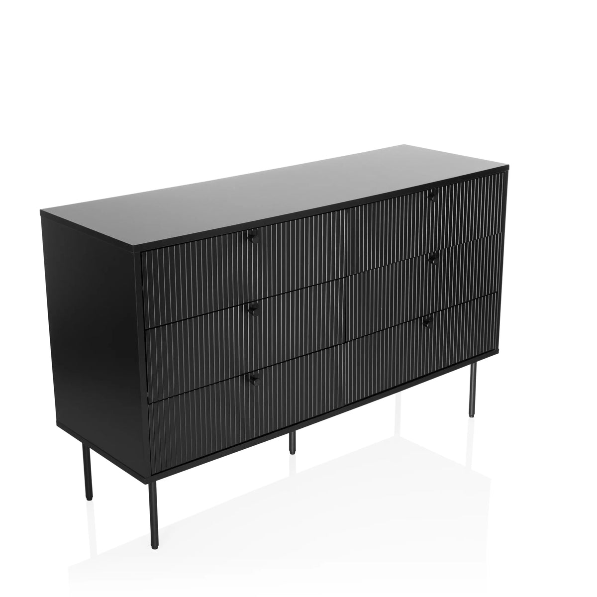 Madia nera KARBY S con frontali a scanalature verticali e sei pomelli di hjh LIVING – vista a 360° (vista frontale a tre quarti 30°)
