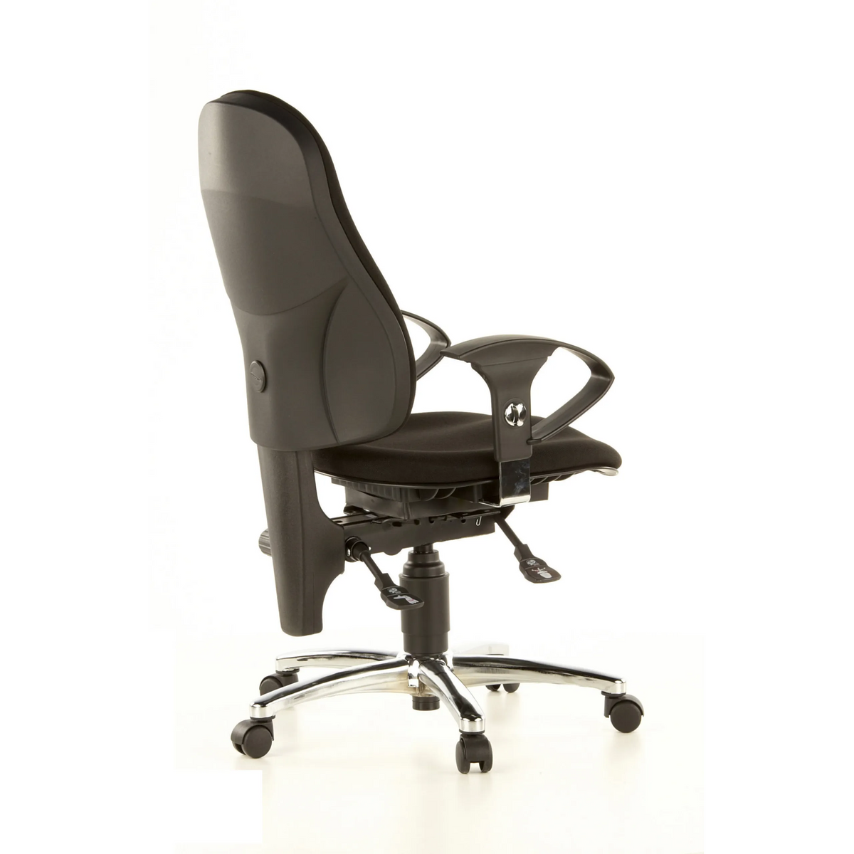 Sedia da ufficio professionale SITNESS 10 nera con braccioli e base a cinque ruote di Topstar – vista a 360° (vista posteriore a tre quarti 120°)