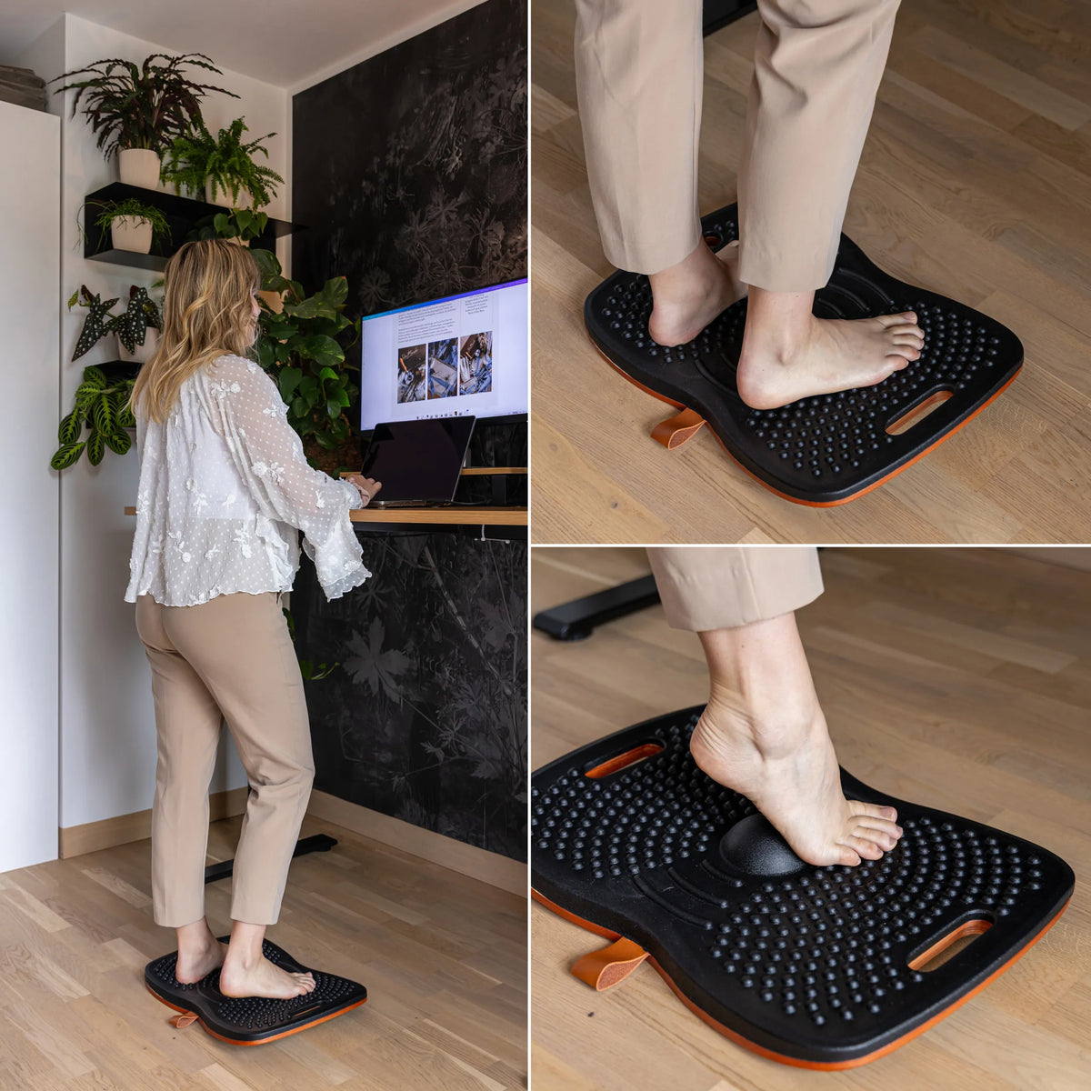 Balance board ACTIV nera con struttura a rilievi e bordo arancione in uso in un ufficio in piedi di hjh OFFICE